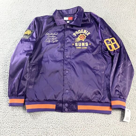 Tommy Jeans Phoenix Suns Jacket Mens Large Purple Snap Satin‎ Bomber Logo New - Picture 1 of 9